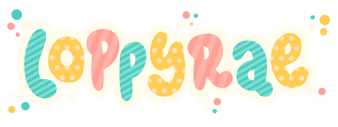 The word "LOPPYRAE" written in patterned pink, blue and yellow letters.
